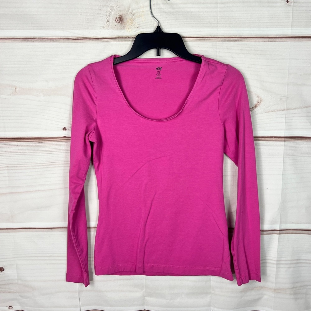 H&M Top Womens Medium Pink T-Shirt Long Sleeve Pima Cotton Scoop Neck Basic Knit